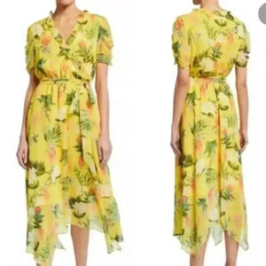 Neiman Marcus Faux Wrap Tropical Print Belted Waist Midi Dress Size Small NWT